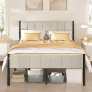 Cappuccino beige double bed frame with a fluted upholstered headboard and footboard on black metal posts, storage boxes tucked underneath
