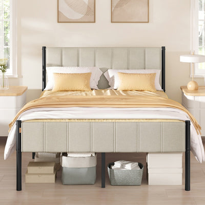 Cappuccino beige double bed frame with a fluted upholstered headboard and footboard on black metal posts, storage boxes tucked underneath