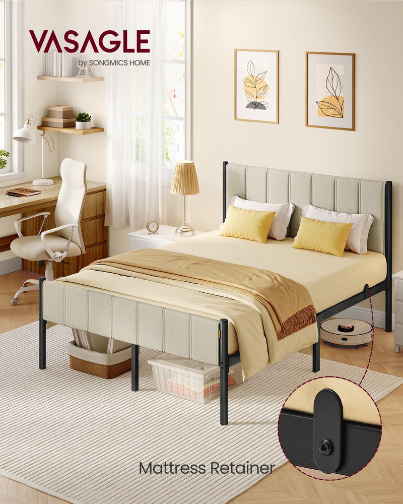 The double bed frame styled in a bedroom beside a desk and window, with an inset close-up of the black mattress retainer clip