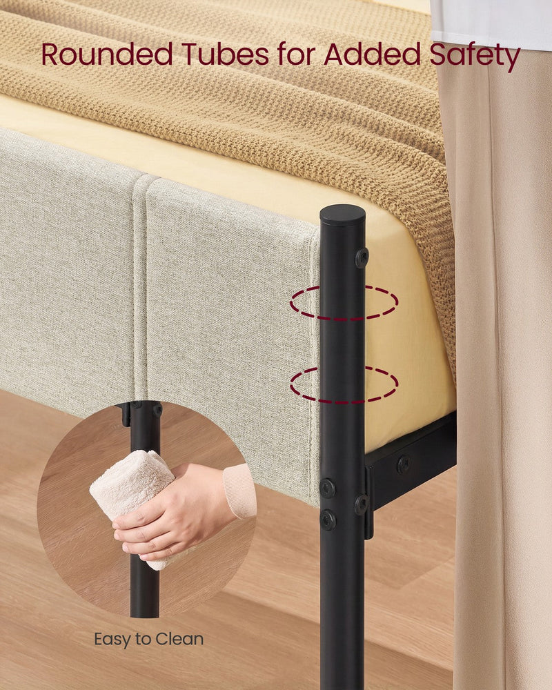 Close-up of a rounded black tube leg next to the beige upholstered side rail, with an inset of a hand wiping the tube clean