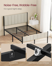 The bare double frame with black slats and beige headboard, with insets showing the sound isolators and noise-reducing plastic connectors
