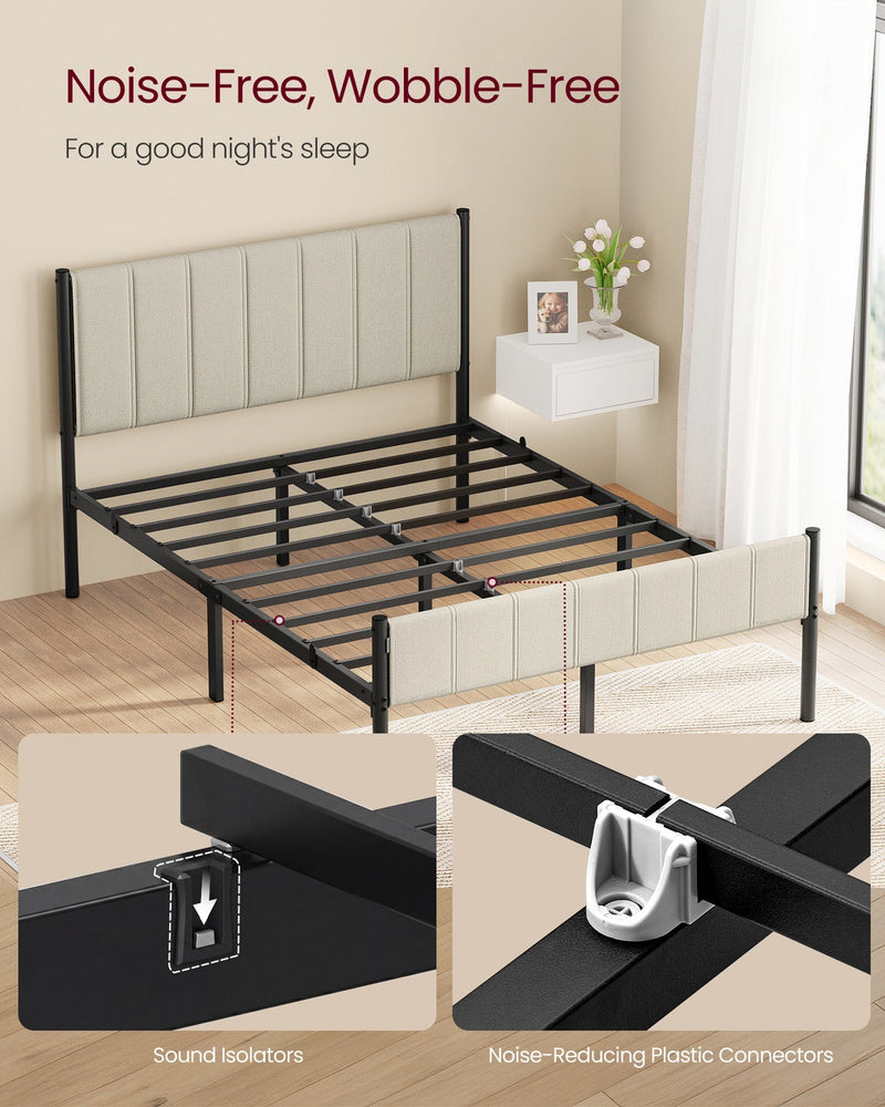 The bare double frame with black slats and beige headboard, with insets showing the sound isolators and noise-reducing plastic connectors