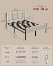 Labelled dimensions diagram of the double frame: 197 cm long, 136.5 cm wide, 104 cm high, 16.8 cm gap below the headboard panel, 56.5 cm footboard, 500 kg capacity