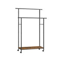 Studio shot of the double rod clothes rack with rustic brown shelf and black steel frame