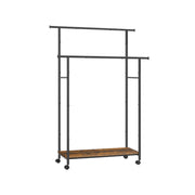 Studio shot of the double rod clothes rack with rustic brown shelf and black steel frame