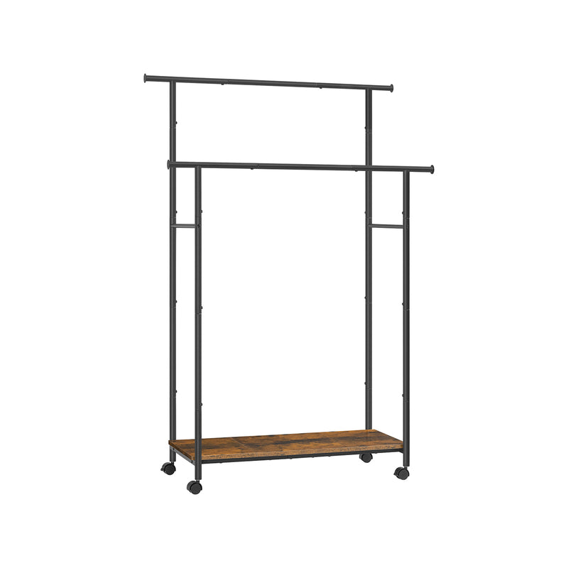 Studio shot of the double rod clothes rack with rustic brown shelf and black steel frame