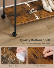 Close-up of the rustic brown bottom shelf holding shoes, shown as easy to clean and scratch-resistant