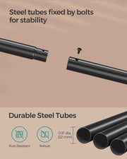 Close-up of the black steel tubes fixed by bolts showing rust-resistant construction