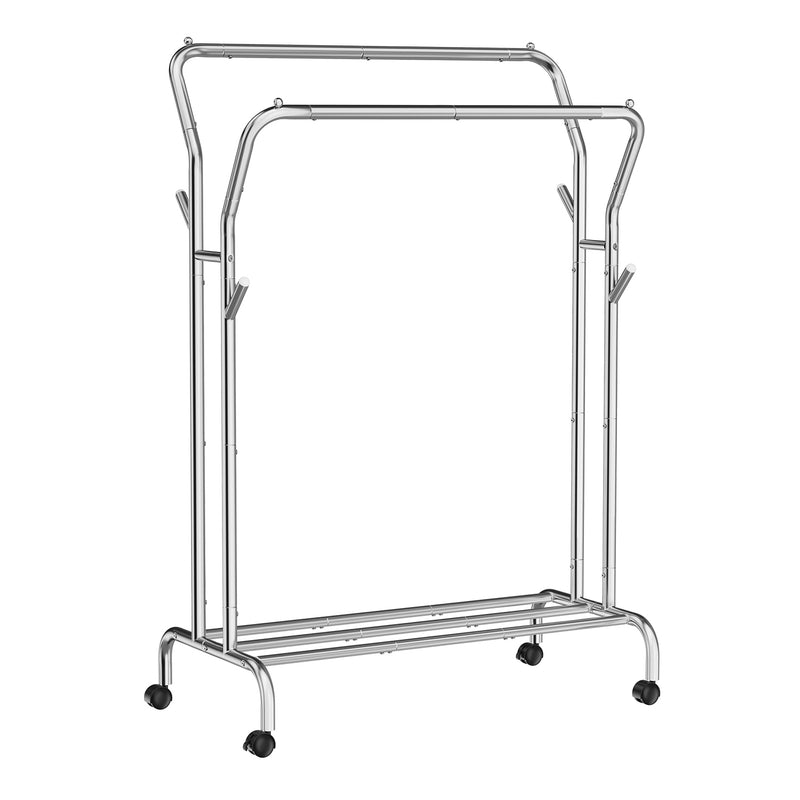 Studio shot of the Songmics silver double rod clothes rail on wheels