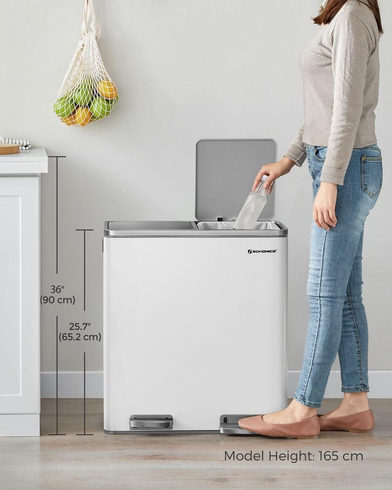 Dimension diagram showing the white bin's height and 2 x 30 litre capacity