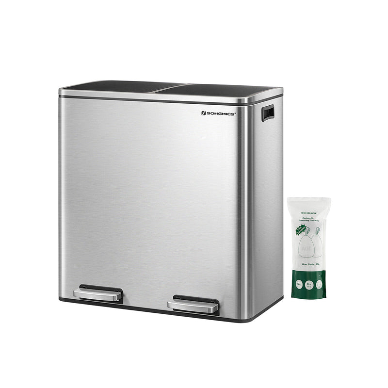 Double Rubbish Bin in Stainless Steel with two 30L buckets and bin liners by Songmics