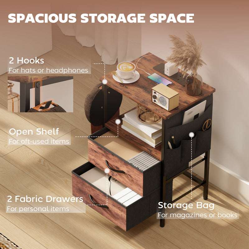 Bedside Table With USB Charging Station, 2 Drawers, Storage Shelf For Bedroom or Living Room AOSOM