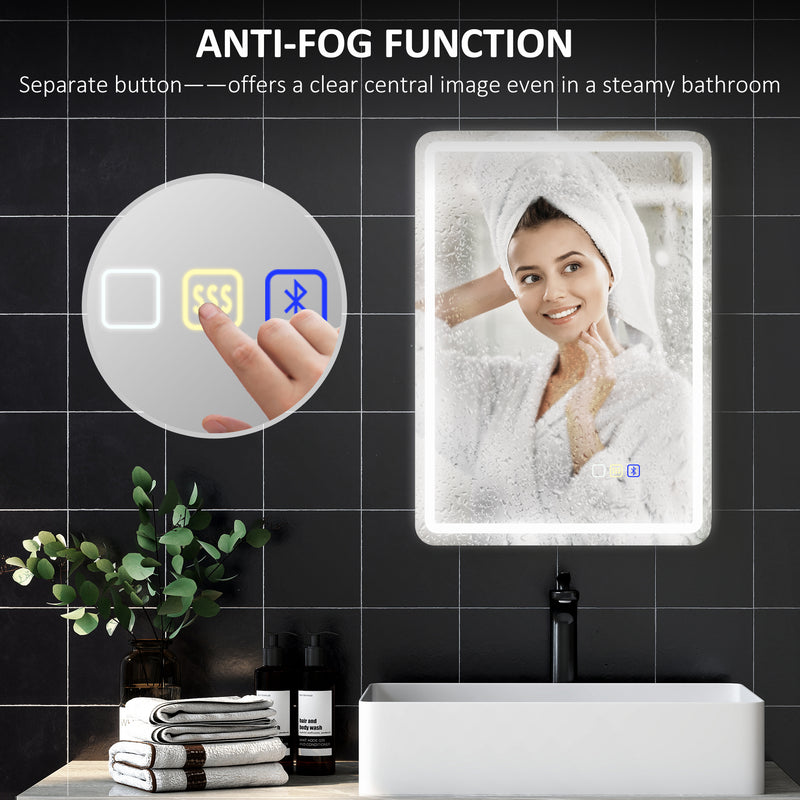 Bluetooth LED Bathroom Mirror with Clock and Anti-Fog 60 x 80 cm Silver Tone by HOMCOM