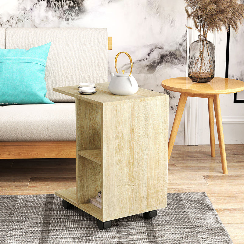 C-Shaped End Table with Storage Shelves and Wheels for Home or Office by HOMCOM