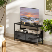 Black TV Stand Cabinet with 2 Foldable Fabric Storage Drawers Modern Entertainment Unit
