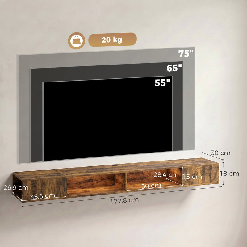 Floating Wall Mounted TV Unit with LED Lights, Storage, Cable Management for Tidy Living Room, Rustic Brown