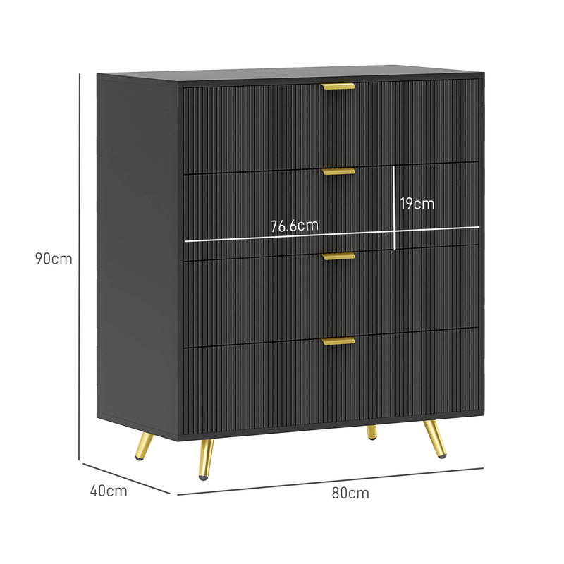 Black Four Drawer Elegant Bedside Table for Bedroom Storage by HOMCOM