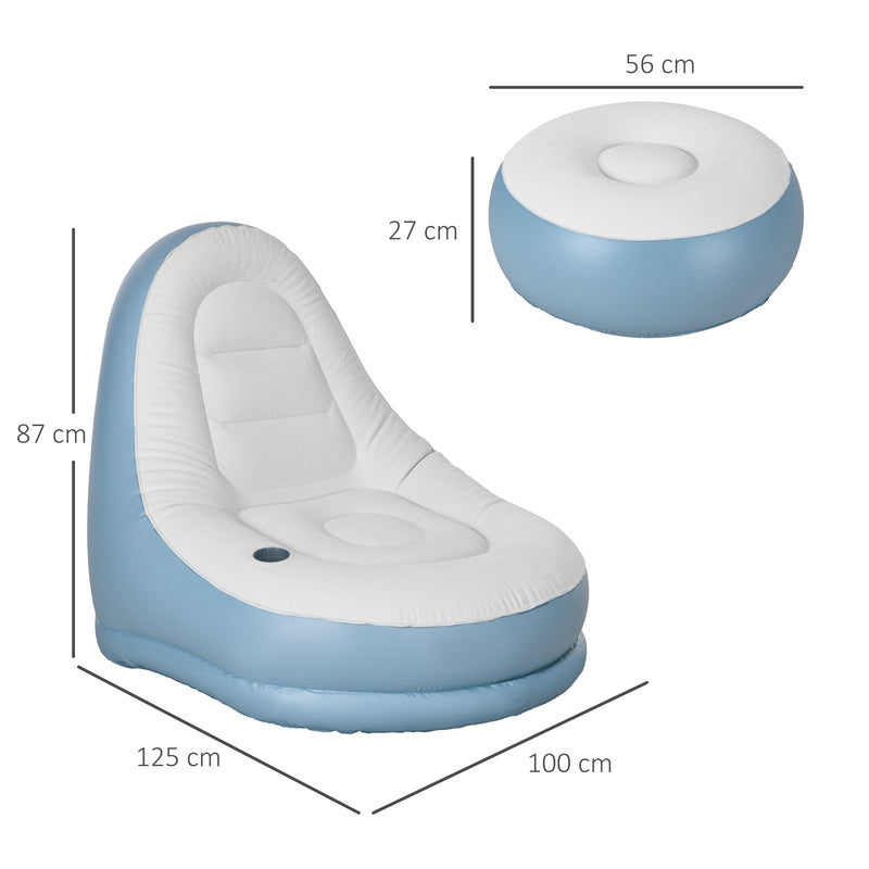 Inflatable Chair and Footstool Set for Quick Extra Seating Indoors or Outdoors White and Blue