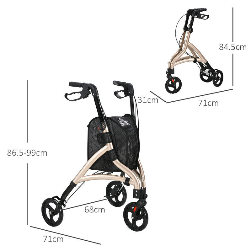 HOMCOM 3 Wheel Rollator, Lightweight Aluminium Tri Walker with Adjustable Handle, Storage Bag and Dual Brakes, 5.3kg, Gold Tone