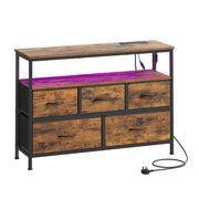 Rustic brown and ink black 5-drawer fabric dresser with steel frame, charging station and LED strip