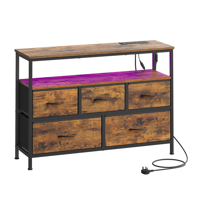 Rustic brown and ink black 5-drawer fabric dresser with steel frame, charging station and LED strip