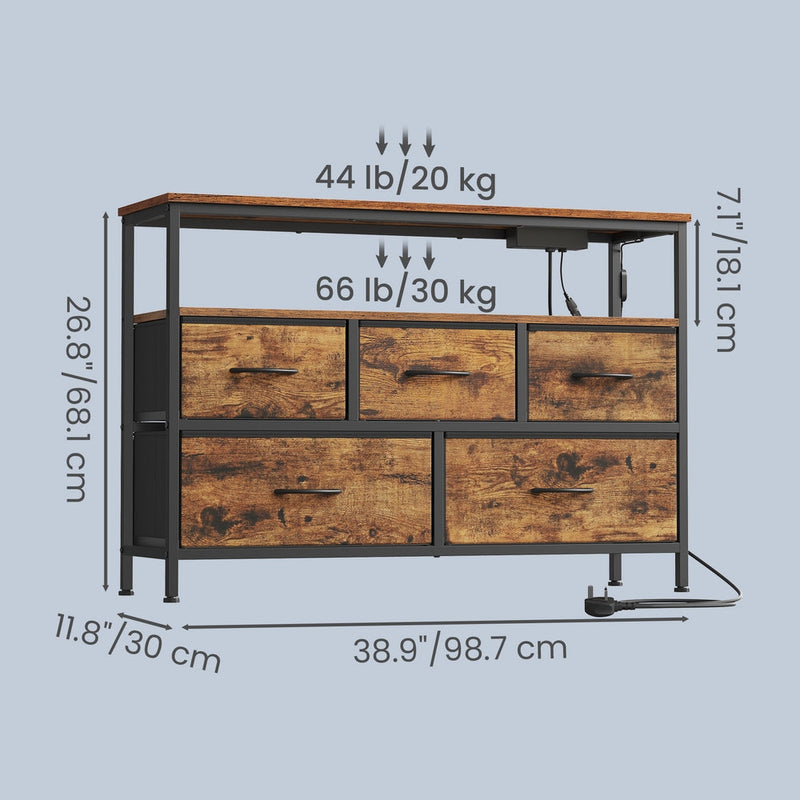 Dimensions diagram: 98.7 cm wide, 30 cm deep, 68.1 cm tall, with shelf weight limits of 20 kg and 30 kg