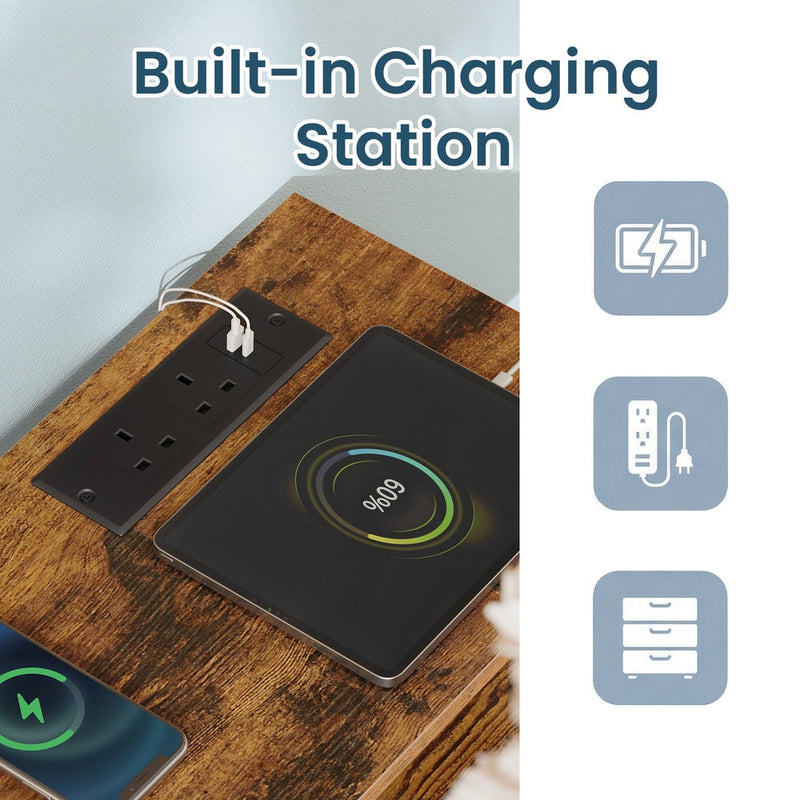 Close-up of the built-in charging station with 2 UK plug sockets and 2 USB ports