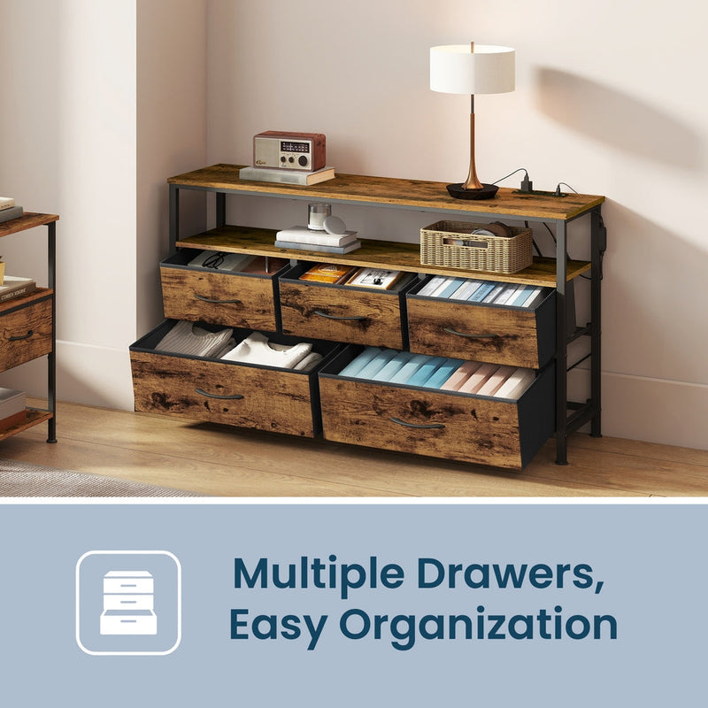 Two open fabric drawers showing folded clothes and storage baskets