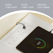 Close-up of the charging station with 2 AC outlets, a USB-A and a USB-C port