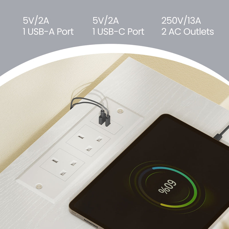 Close-up of the charging station with 2 AC outlets, a USB-A and a USB-C port