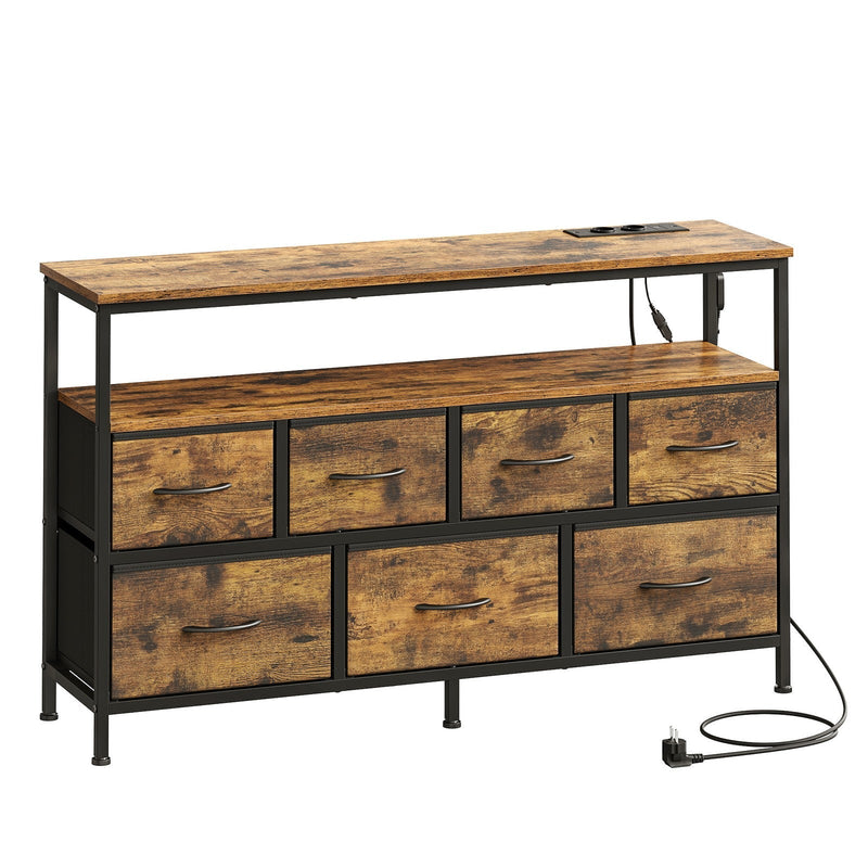 Angled studio shot of the 7-drawer dresser with a black steel frame and rustic brown fabric drawers