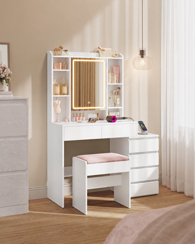 Kailyn dressing table styled in a bedroom, with a stool shown for scale only and not included