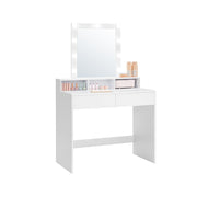 Vasagle white dressing table with adjustable LED mirror and two open drawers of makeup