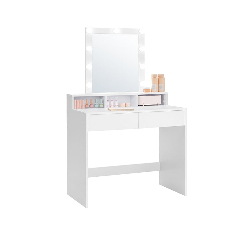 Vasagle white dressing table with adjustable LED mirror and two open drawers of makeup