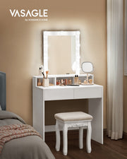 White dressing table with LED mirror styled in a bedroom with a matching stool