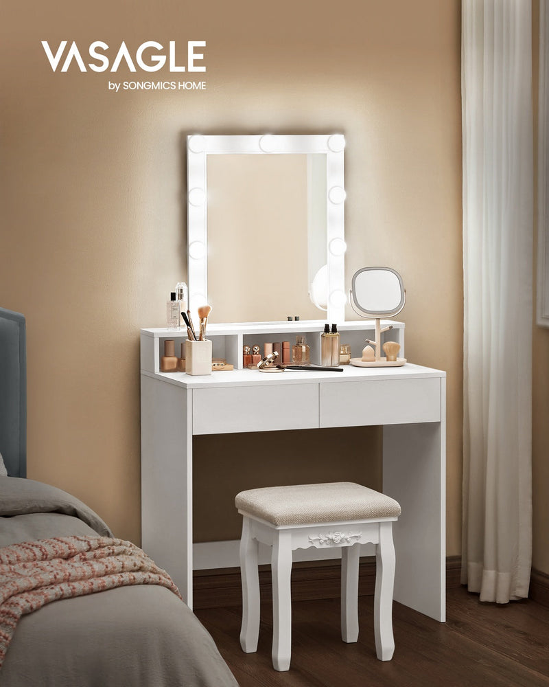 White dressing table with LED mirror styled in a bedroom with a matching stool