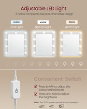 Diagram showing the LED mirror's 3 adjustable colour temperatures and dimmable switch