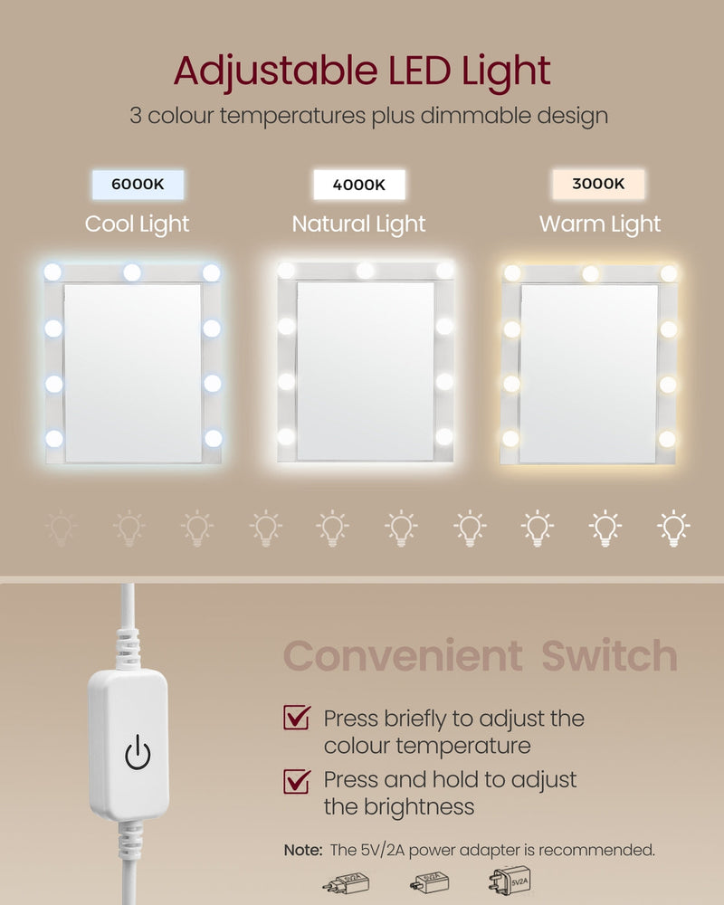 Diagram showing the LED mirror's 3 adjustable colour temperatures and dimmable switch