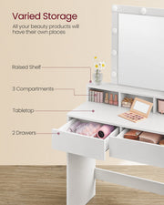 Storage diagram highlighting the raised shelf, three compartments, tabletop and two drawers