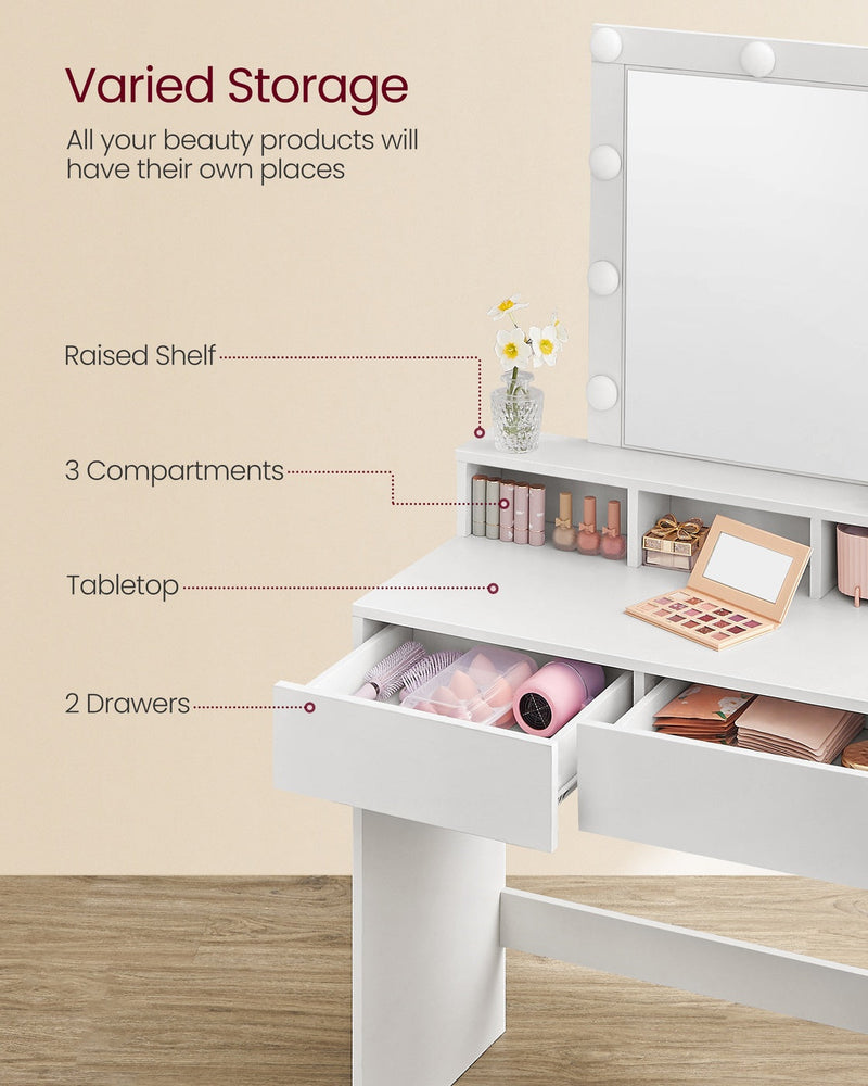 Storage diagram highlighting the raised shelf, three compartments, tabletop and two drawers