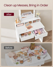 Before and after graphic showing the dressing table organising bedroom clutter