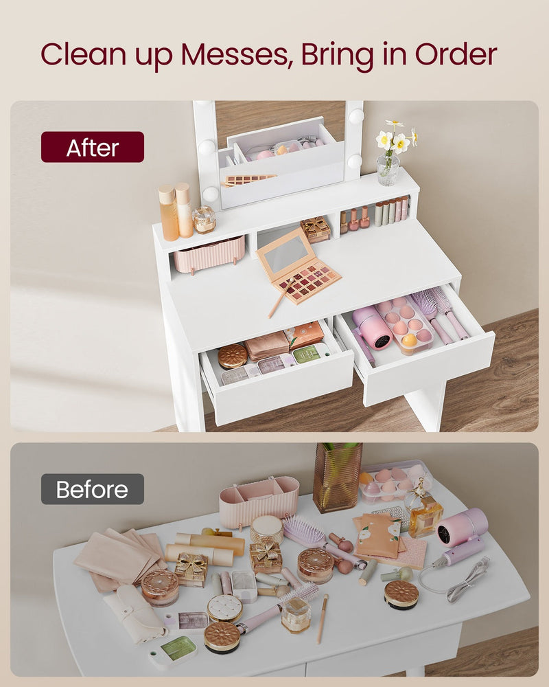 Before and after graphic showing the dressing table organising bedroom clutter