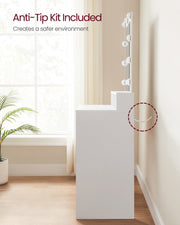 Close-up of the anti-tip wall-anchor kit fitted to the back of the dressing table