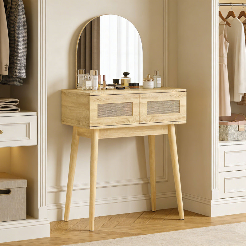 Dressing table with arched mirror in a bedroom dressing area