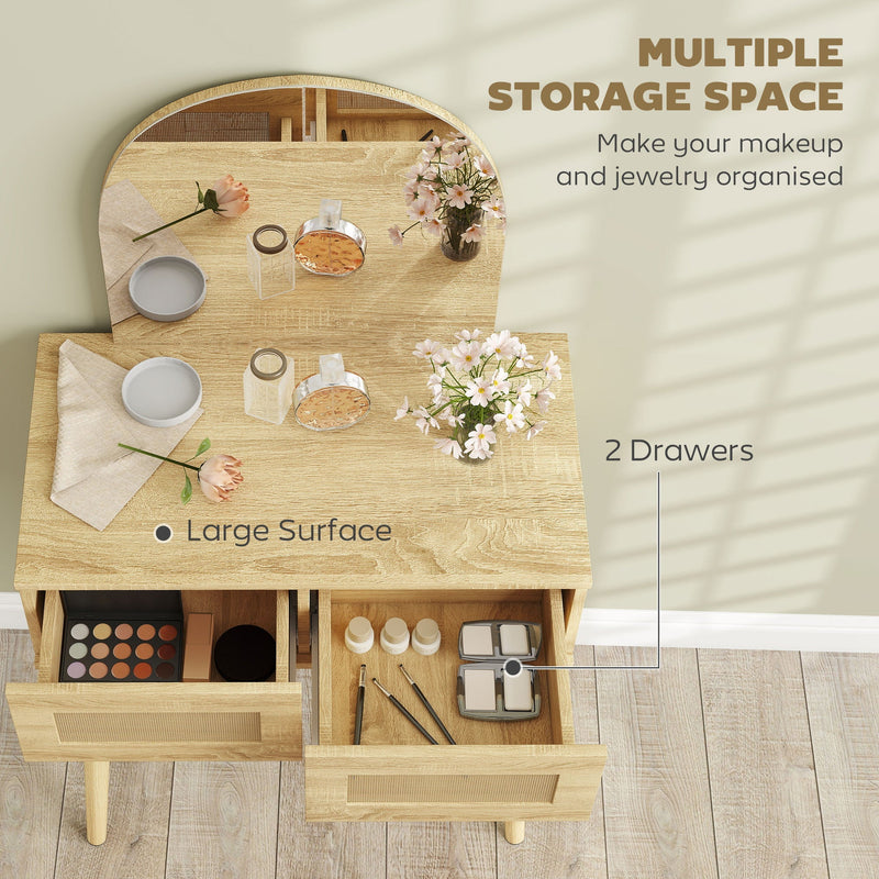 Dressing table open drawers showing makeup and jewellery storage
