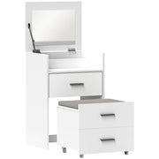 White dressing table with the mirror flipped up beside a matching wheeled stool on a white background