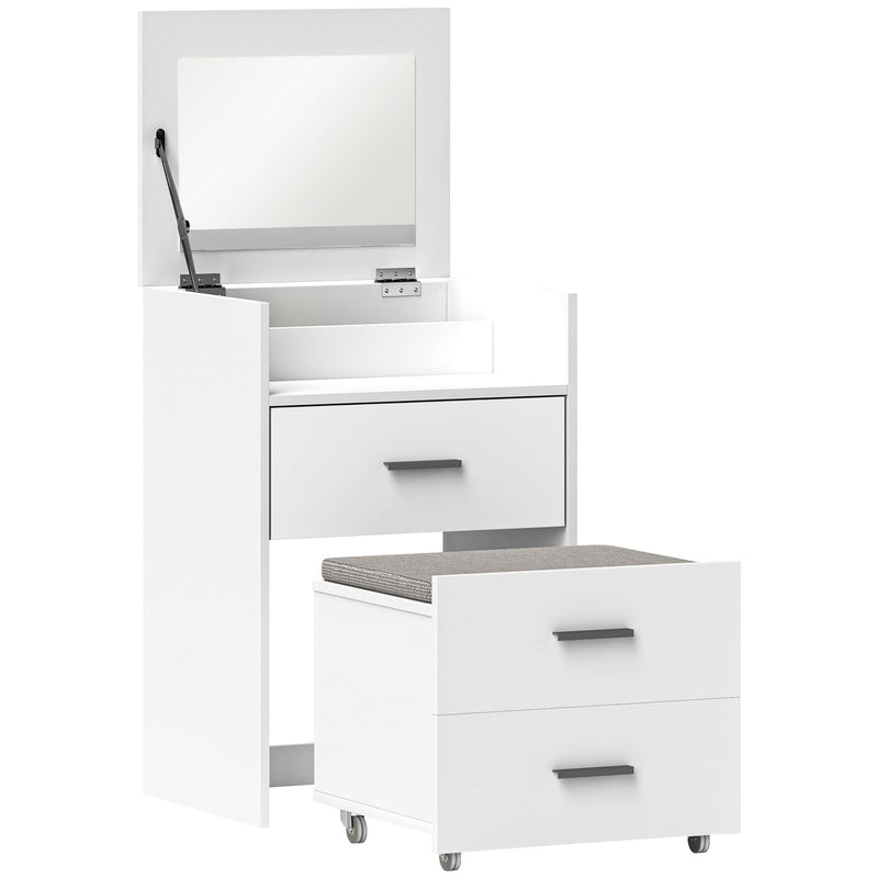 White dressing table with the mirror flipped up beside a matching wheeled stool on a white background