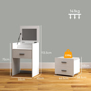 Dimensions diagram of the dressing table at 50 x 40 x 113.5 cm and the stool at 46.5 x 38.5 x 40 cm