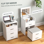 Flip-top mirror shown as a dressing table and as a closed writing table with a laptop