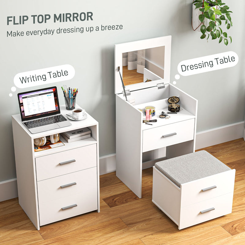 Flip-top mirror shown as a dressing table and as a closed writing table with a laptop